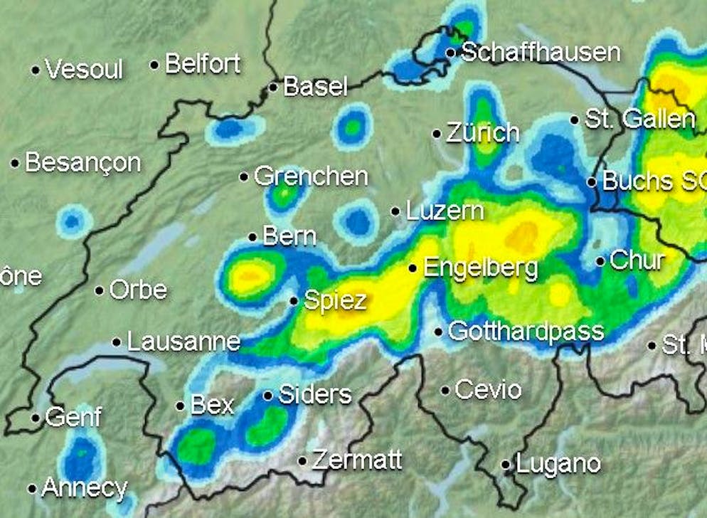 Gegen 1 Uhr nachts werden schwere Niederschläge in der Ost- und Zentralschweiz erwartet.