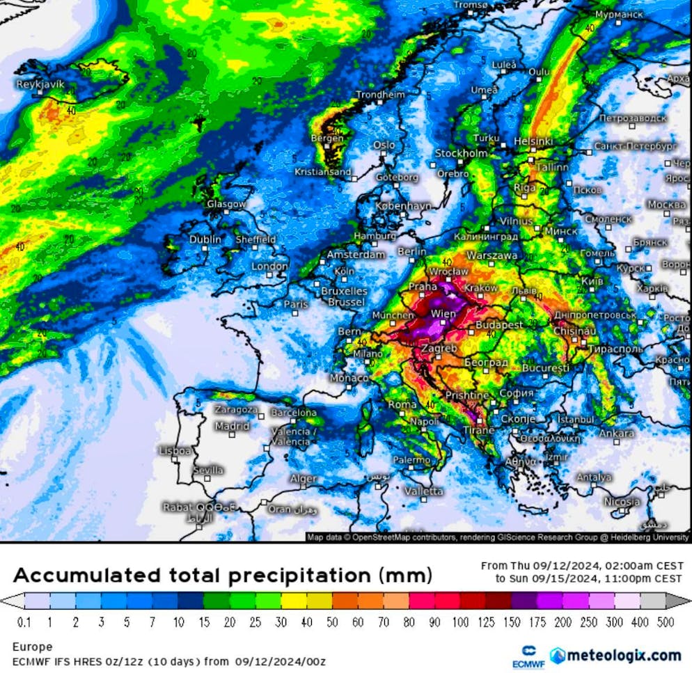 The heavy precipitation extends from Finland to Turkey and from Modavia to Switzerland.