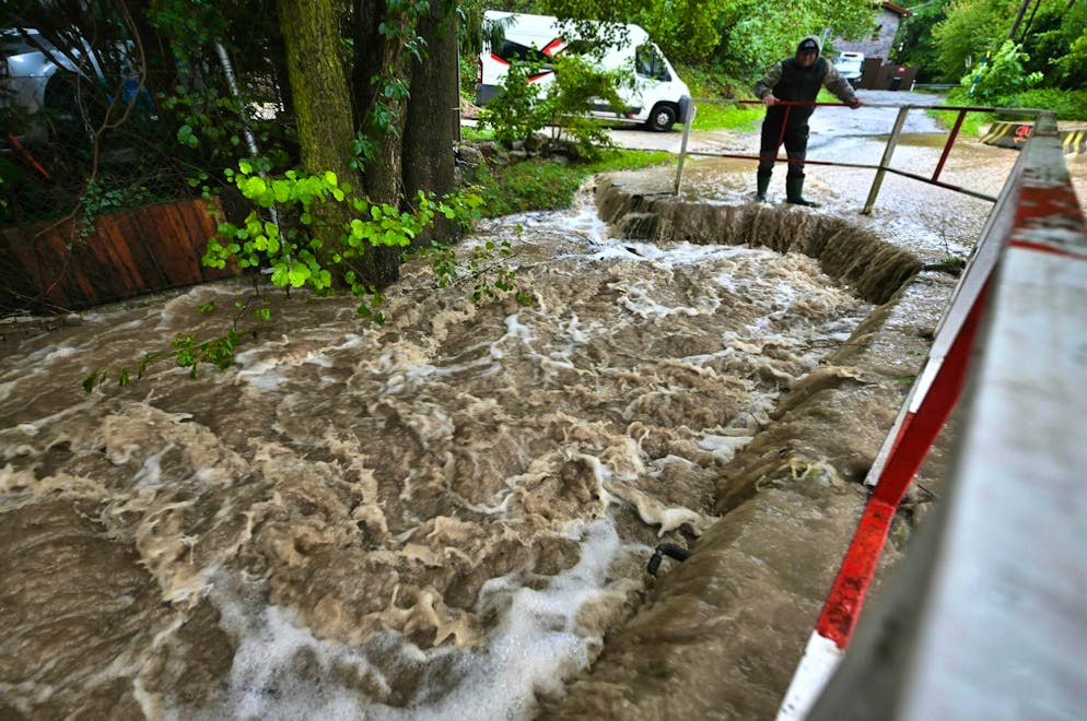 Flooded river, stream, Botic during heavy rainfall in Kocanda near Jesenice, Prague West, Czech Republic, on September 14, 2024. 