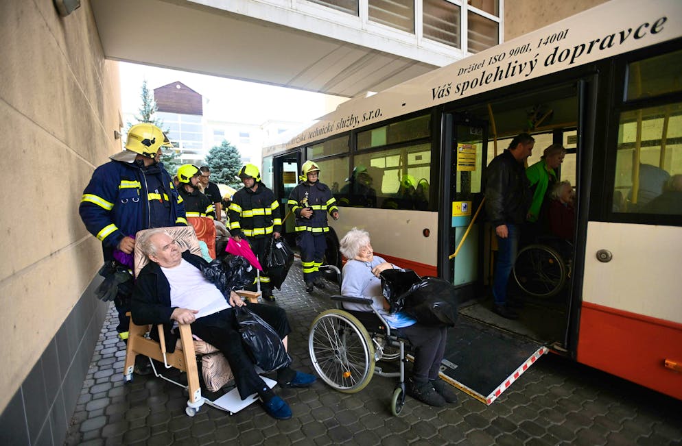 Evacuation of senior citizens from a retirement home due to the flooding of the Kotojedka River in Kromeriz-Vazany, Czech Republic, on September 14, 2024.