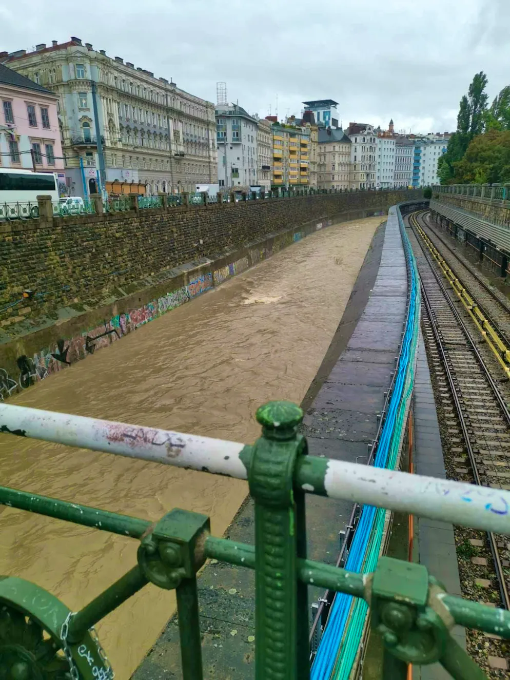 Floods in Vienna. Status on September 16: The water is getting close to the rails.