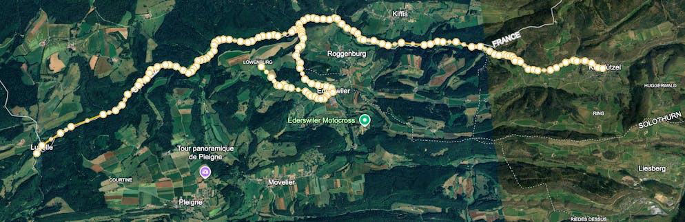 Die 23 Kilometer lange Route von Kleinlützel SO im Osten über Frankreich und die Gemeinde Roggenburg BL nach Ederswiler JU und zur Löwenburg – und wieder zurück auf die Laufenstrasse und durch Frankreich zum Lac de Lucelle alias Etang de Lucelle im Westen.