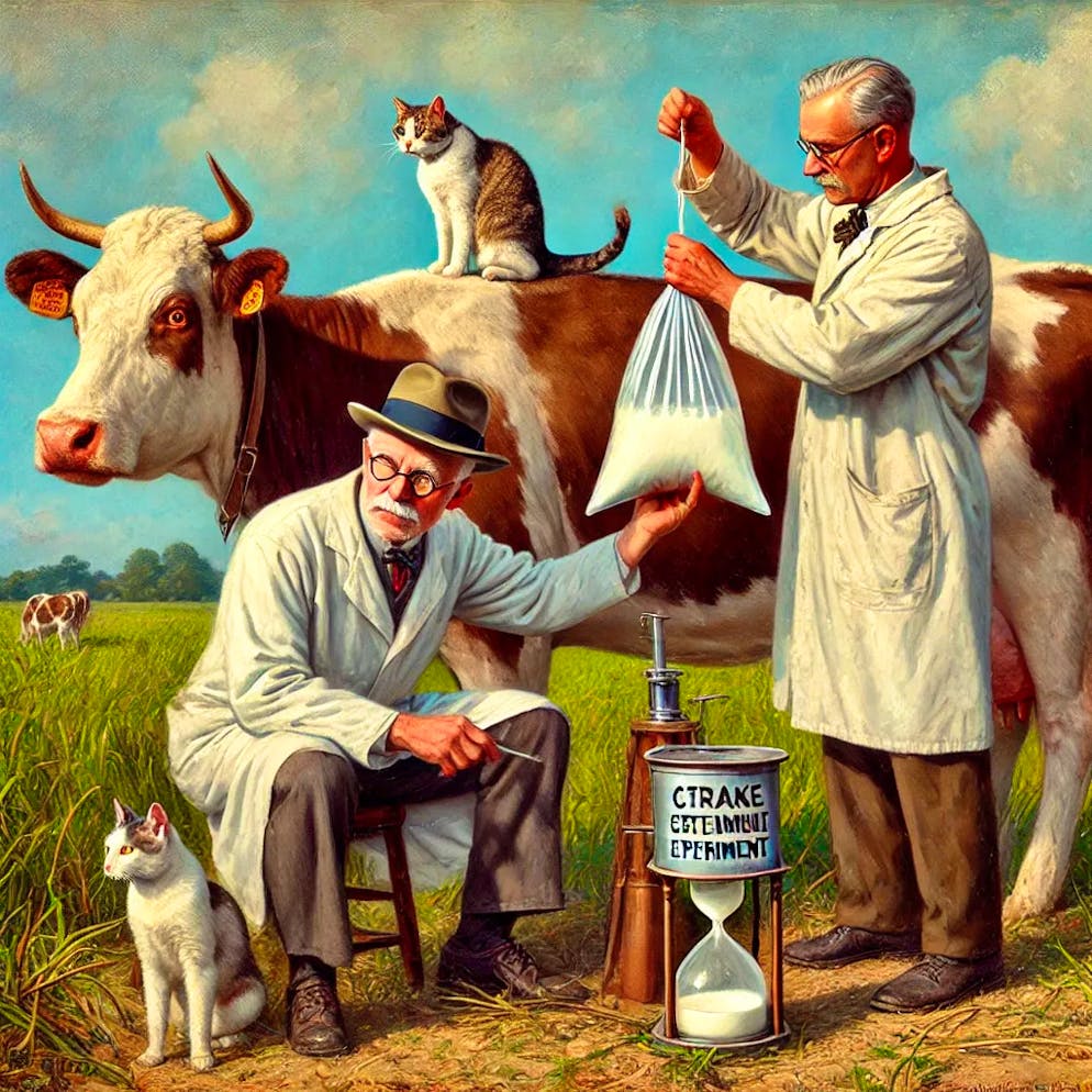 Le prix de biologie a été décerné à Fordyce Ely et William E. Petersen pour une expérience particulièrement étrange menée en 1941 aux Etats-Unis. Les deux scientifiques avaient fait éclater un sac à côté d'un chat perché sur le dos d'une vache pour «explorer comment et quand» ces dernières «expulsaient leur lait».