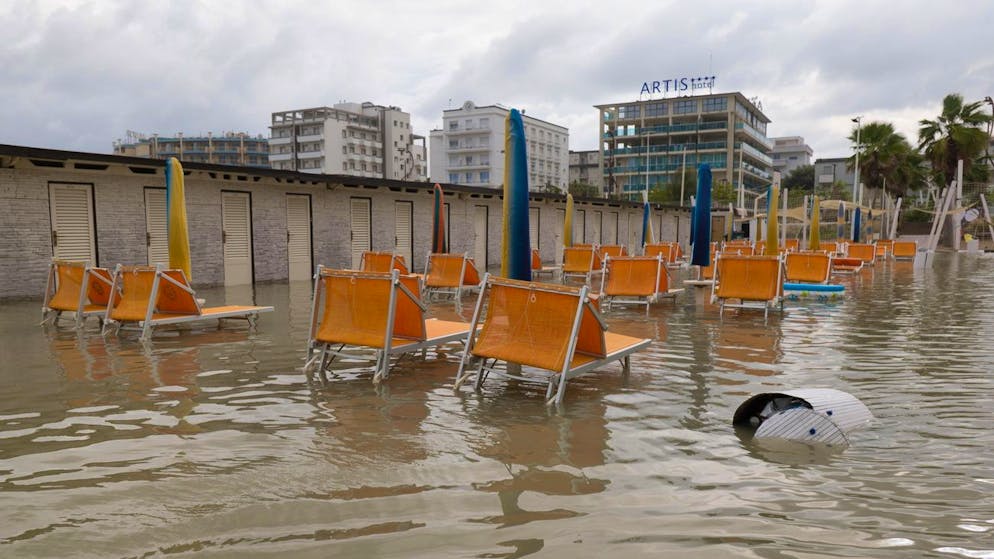 Überfluteter Strand an der Riviera Romagnola in Rimini. (18. September 2024)