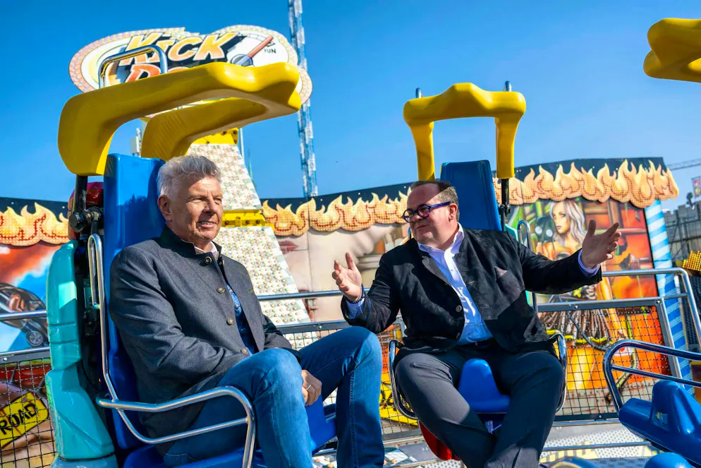 Oktoberfest countdown 2024. The mayor and festival director test a ride before the start.