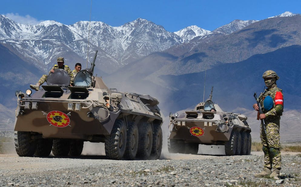 Les forces armées kirghizes participent aux exercices militaires conjoints « Interaction-2024 », « Search-2024 » et « Echelon-2024 » des forces collectives de réaction rapide des États membres de l'Organisation du traité de sécurité collective (OTSC), sur la zone d'entraînement Edelweiss à Balykchy, dans le nord du Kirghizistan, le 11 septembre 2024.