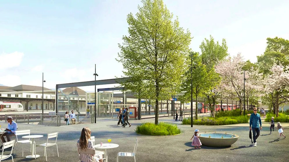 According to the project documents, the new station square to the south of Solothurn Süd station should also become an "inviting place to linger and meet". (Visualization)