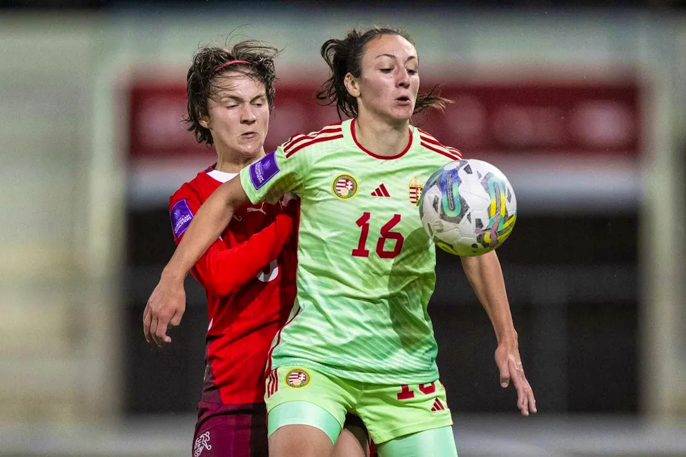 Larina Baumann defends against Hungary's Fanni Nagy.