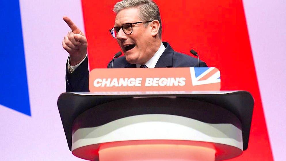dpatopbilder - British Prime Minister Keir Starmer addresses members at the Labour Party Conference at ACC Liverpool. Photo: Jon Super/AP