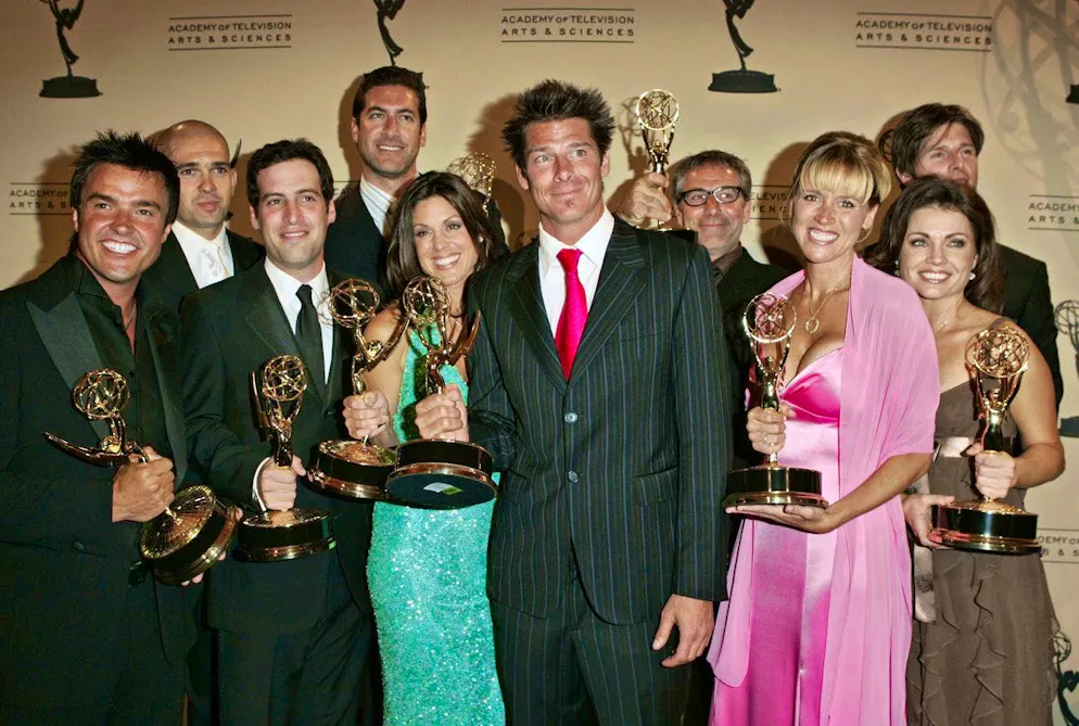 The team of the TV show "Extreme Makeover: Home Edition" at the 2005 Emmy Awards: Michael Moloney, Ed Sanders, Daniel Kucan, Eduardo Xol, Constance Ramos, Ty Pennington, Paul DiMeo, Paige Hemmis, Tanya McQueen, and Preston Sharp (from left to right).