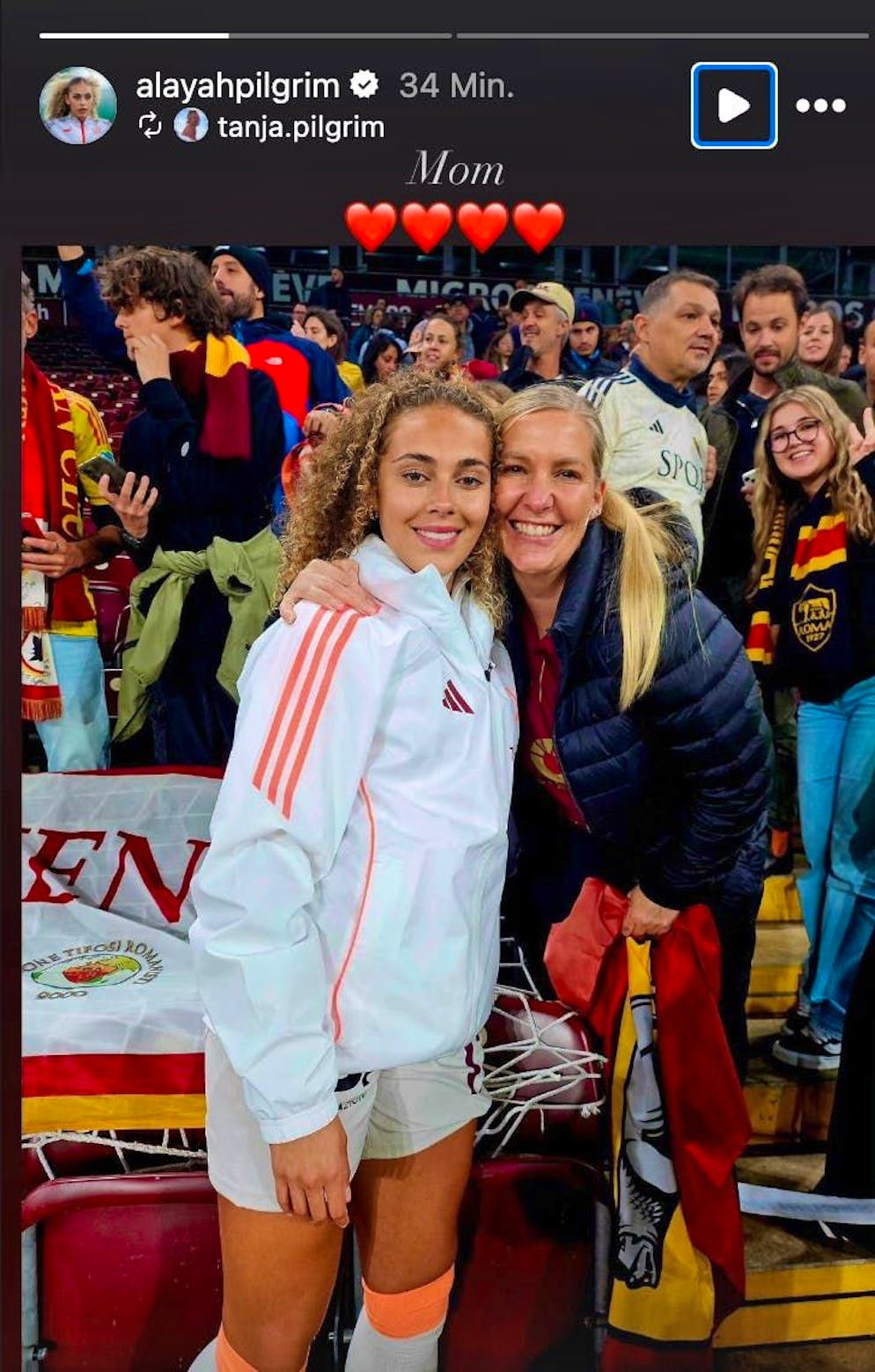 The proud mom is in the stadium for Alayah Pilgrim's return to the Roma squad.