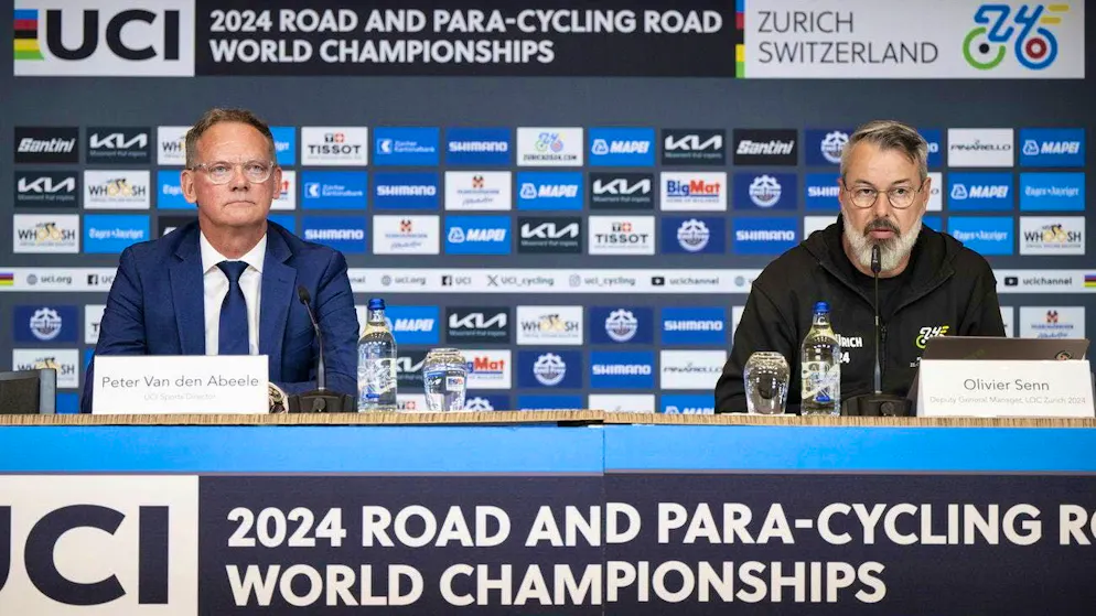 UCI sports director Peter Van den Abeele (left) and Olivier Senn, sporting director of the World Cycling Championships, speak at the media conference about the death of Muriel Furrer.