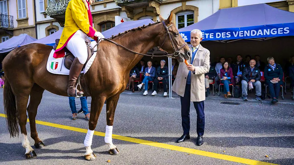 Many visitors at the Neuchâtel grape harvest festival despite cloudy weather - Gallery. Federal Councillor Beat Jans gave a horse a carrot during the parade.