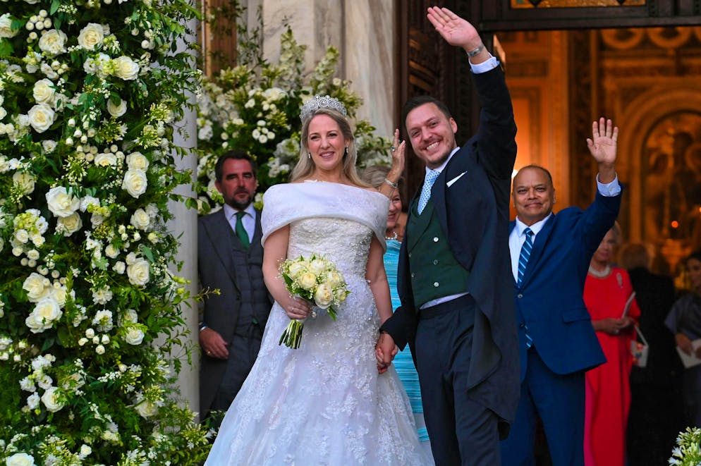 Theodora of Greece got married in an off-the-shoulder wedding dress and tiara.