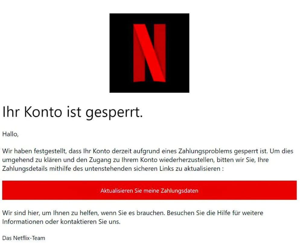  The phishing email to alleged Netflix customers.