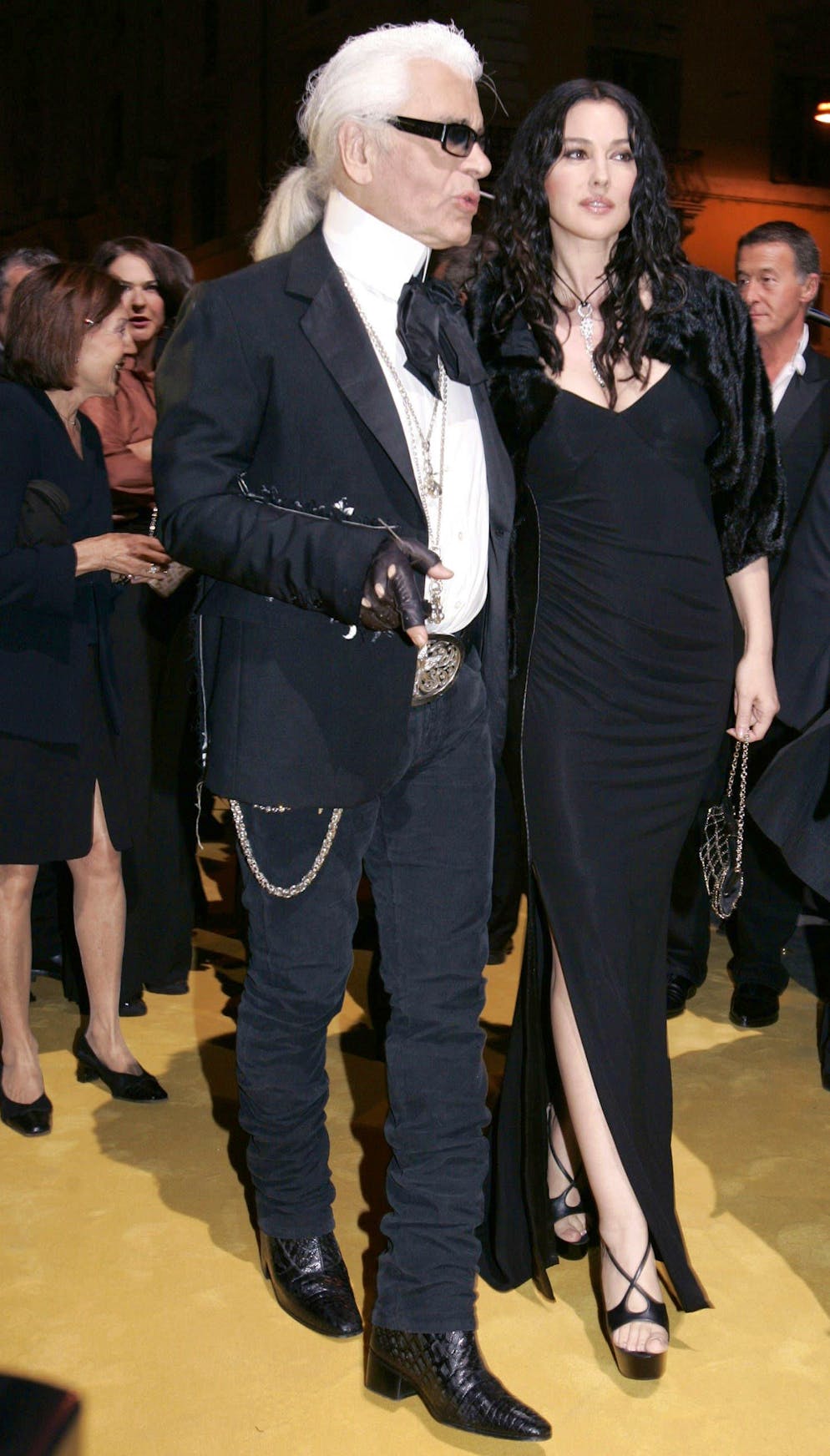 Monica Bellucci style. In a black robe and Karl Lagerfeld bras, May 2005 in Rome. 