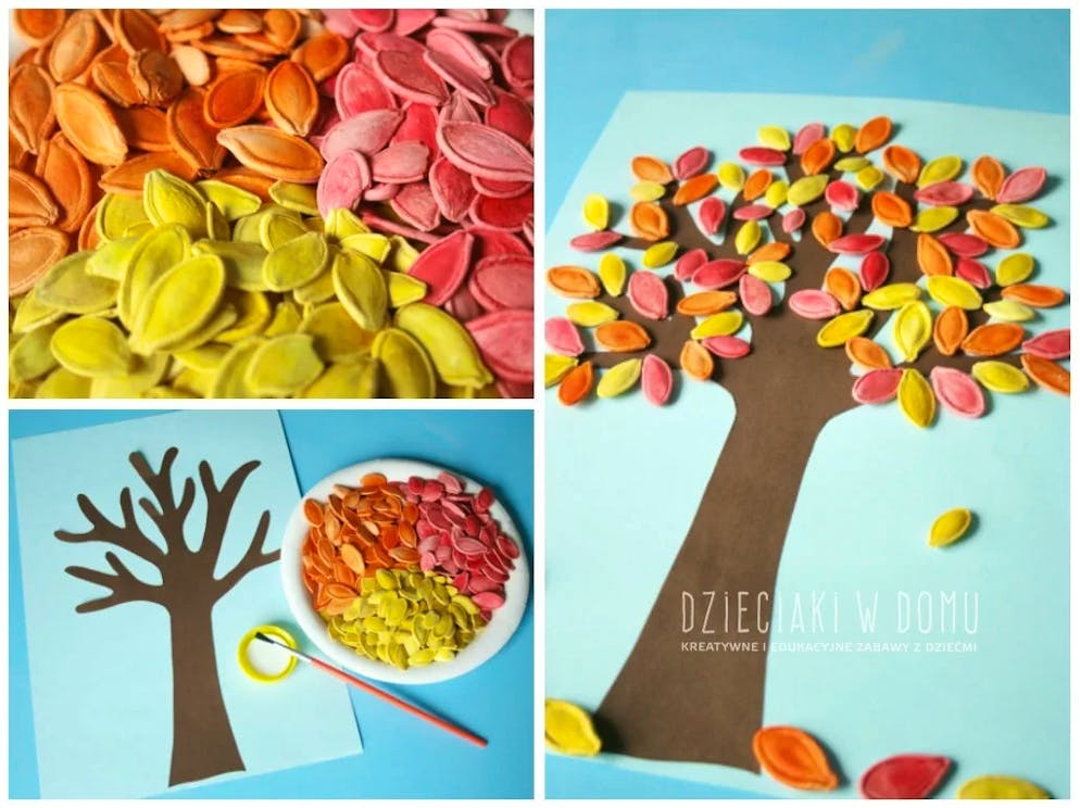 Der Blog «Dzieciaki w domu» liefert eine herzige Idee: Die Kürbiskerne ergeben angemalt die Blätter eines Baums.