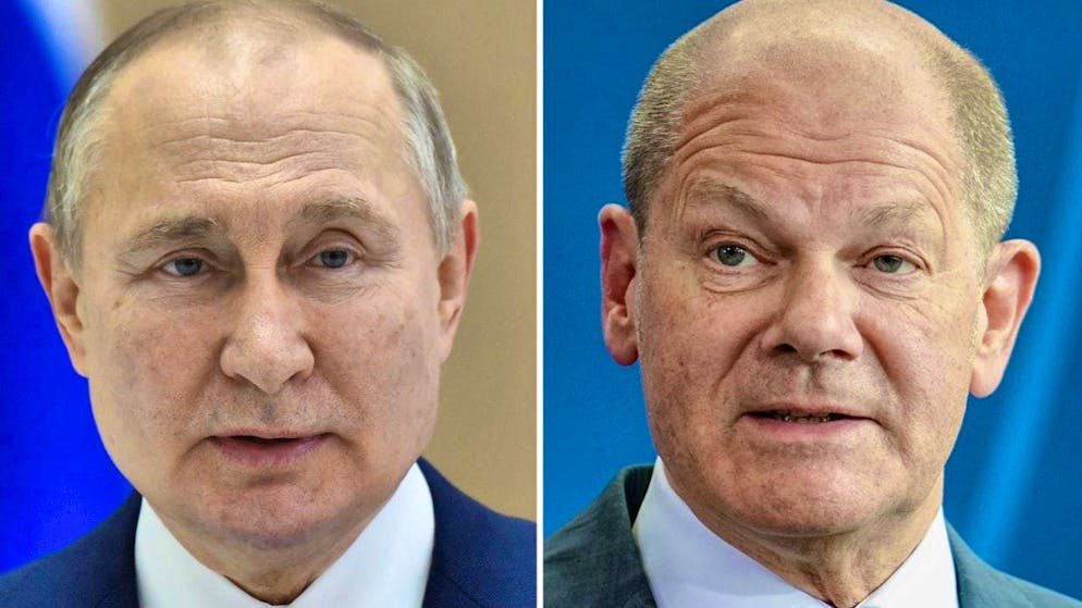 ARCHIVE - The combo shows Russian President Vladimir Putin (photo by Russian state news agency Sputnik via AP) and German Chancellor Olaf Scholz (SPD) at a press conference in the Federal Chancellery. Photo: ---Kay Nietfeld/dpa/AP/sputnik/dpa
