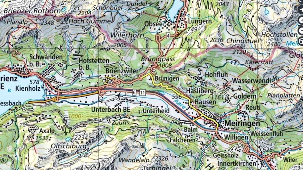 Über weite Strecken fast schnurgerade verlaufen Aare, Strasse und Bahn durch den topfebenen Talboden des Oberhasli. Nun soll ein Wasserbauplan Bevölkerung und Infrastrukturen besser vor Hochwasser schützen.