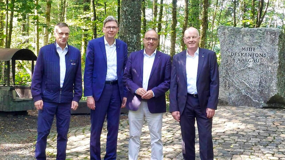 Alle vier bisherigen Aargauer Regierungsräte dürften die Wiederwahl auf Anhieb schaffen: Jean-Pierre Gallati (SVP), Dieter Egli (SP), Markus Dieth (Mitte) und Stefan Attiger (FDP) sehen sich als eingespieltes Team (von links nach rechts). (Archivbild)