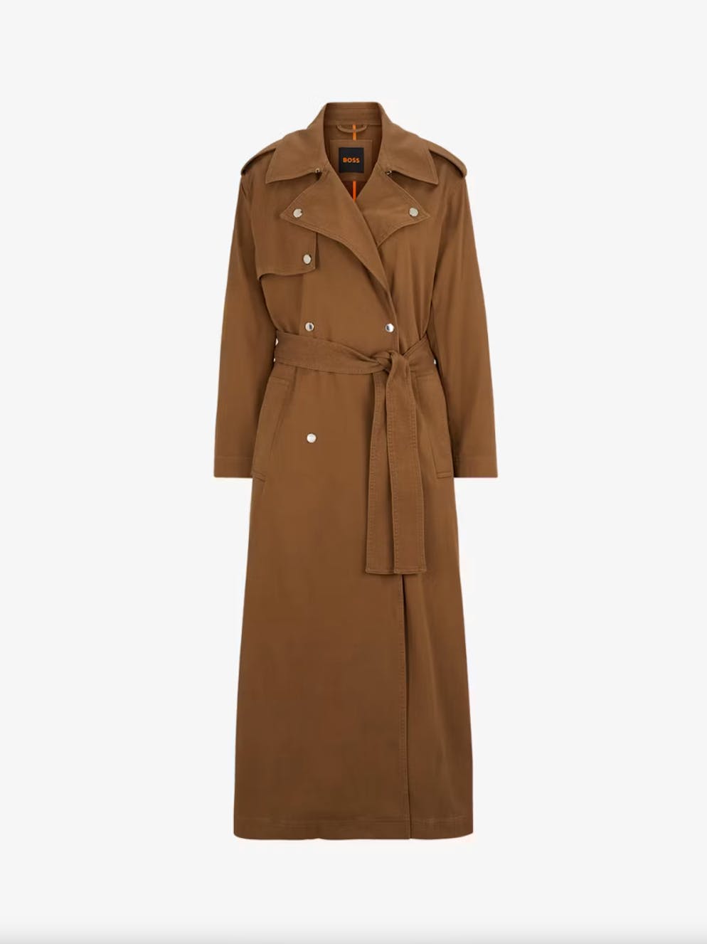 1. Jacken- und Mantel-Trends: Überlänge. Trenchcoat in Braun von Boss für 449 Franken, via Globus.