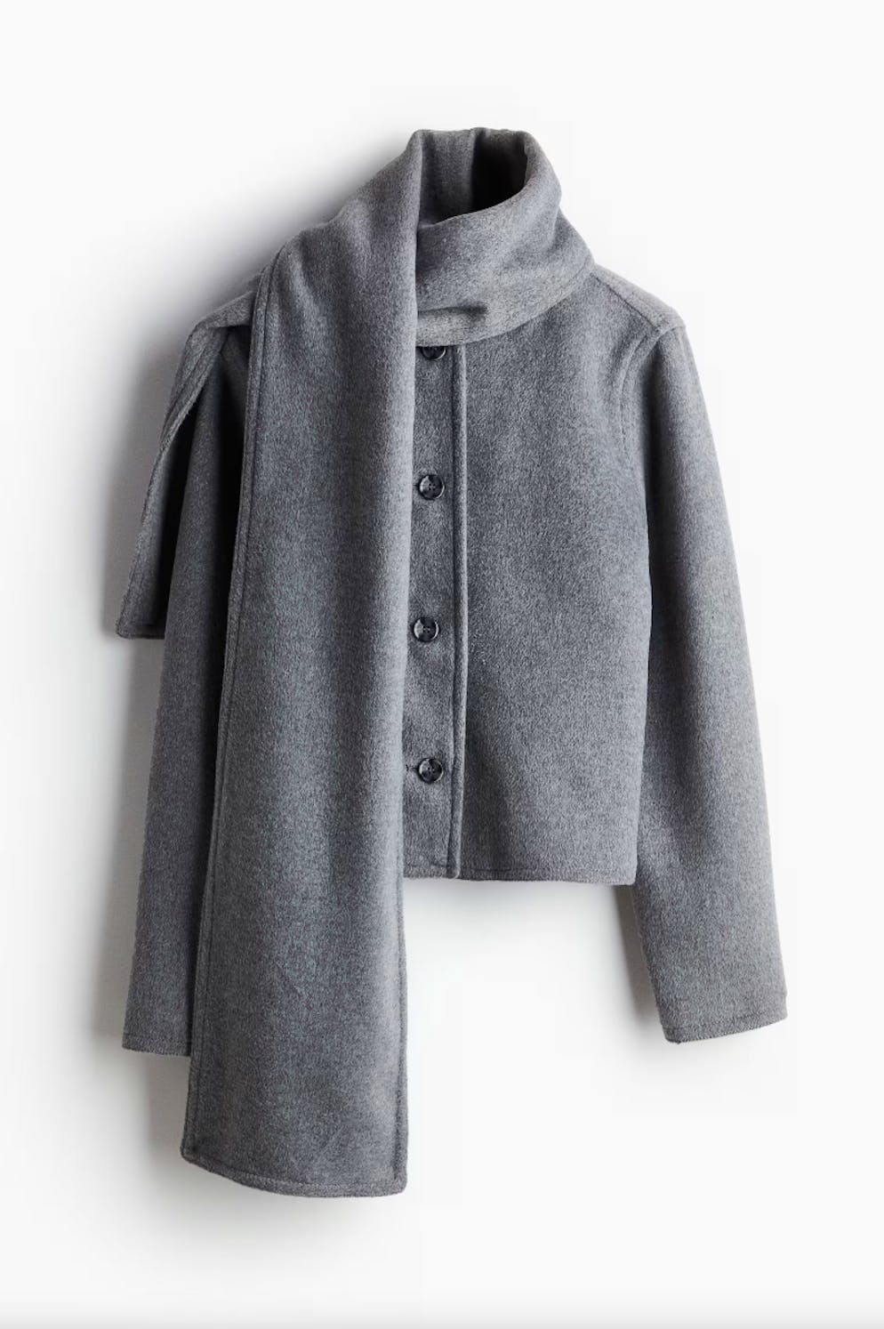 5. Jacken- und Mantel-Trends: Schal integriert. Gefilzte Jacke mit Schal in Grau von H&M für 59.95 Franken.