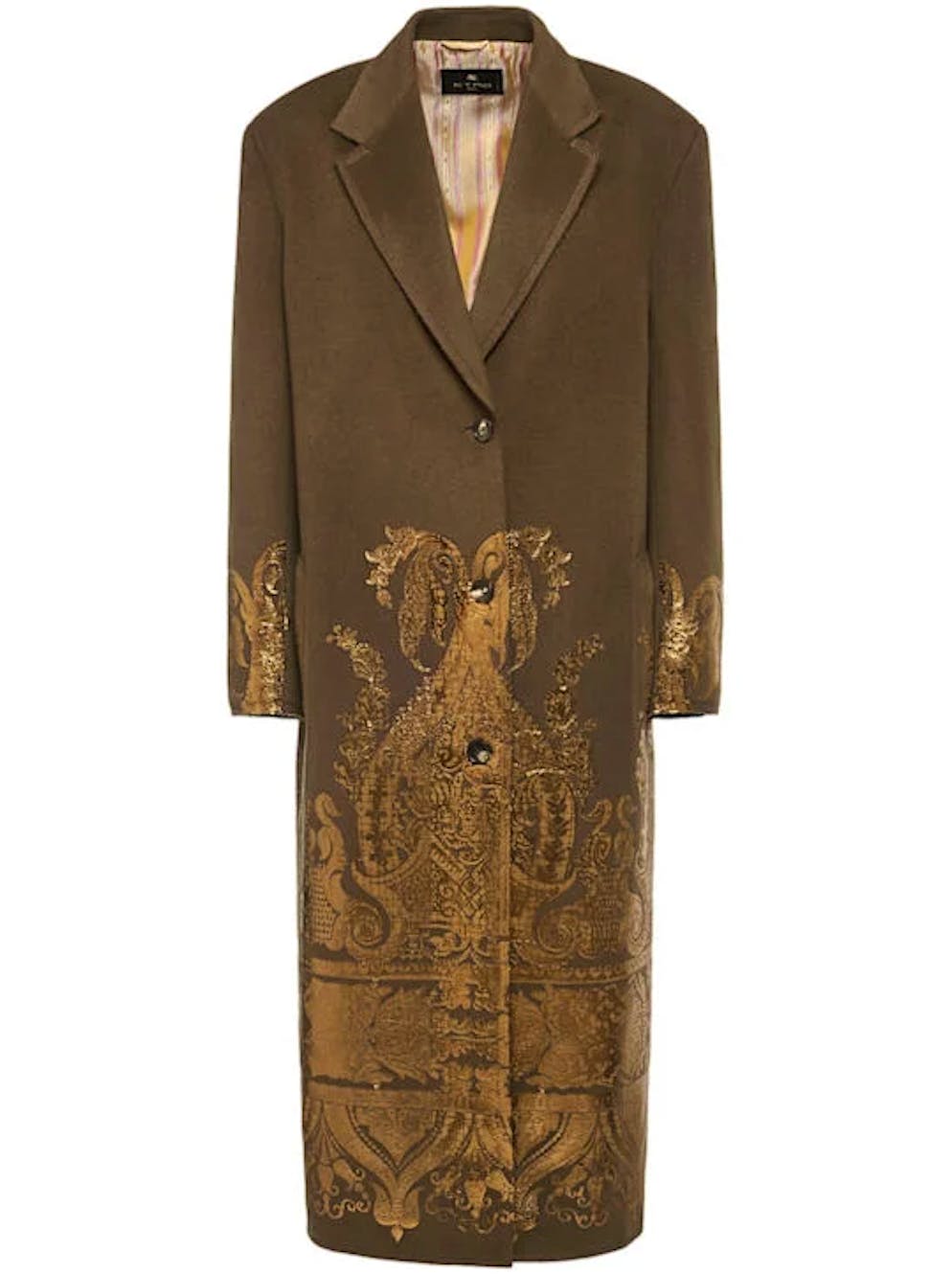 4. Jacken- und Mantel-Trends: Applikationen und Verzierungen. Langer Mantel aus Wolle und Kaschmir mit Druck von Etro für 3140 Franken, via Luisaviaroma.