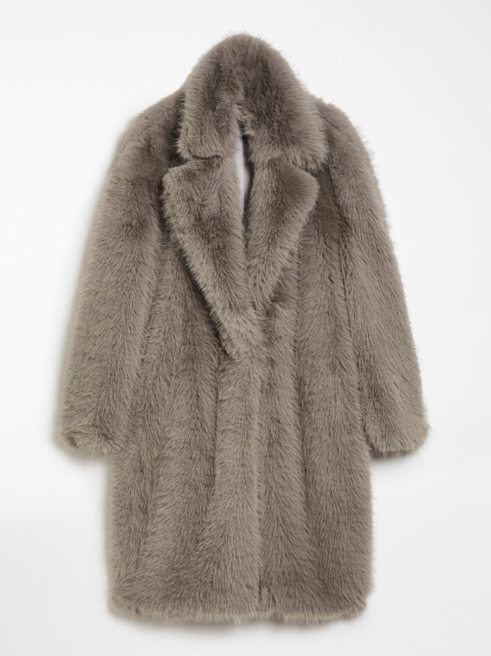 2. Jacken- und Mantel-Trends: Fake Fur. Grauer Mantel aus Stoff in Kunstfelloptik mit grossem Kragen von Sportmax für 719 Franken. 