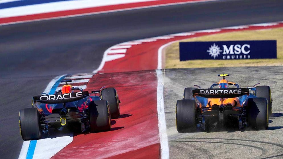 This overtaking maneuver by Lando Norris (right) outside the track restrictions is the subject of the appeal.