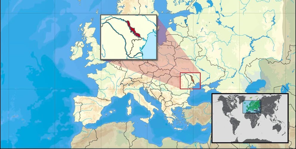 Marked in red: the breakaway region of Transnistria in Moldova.