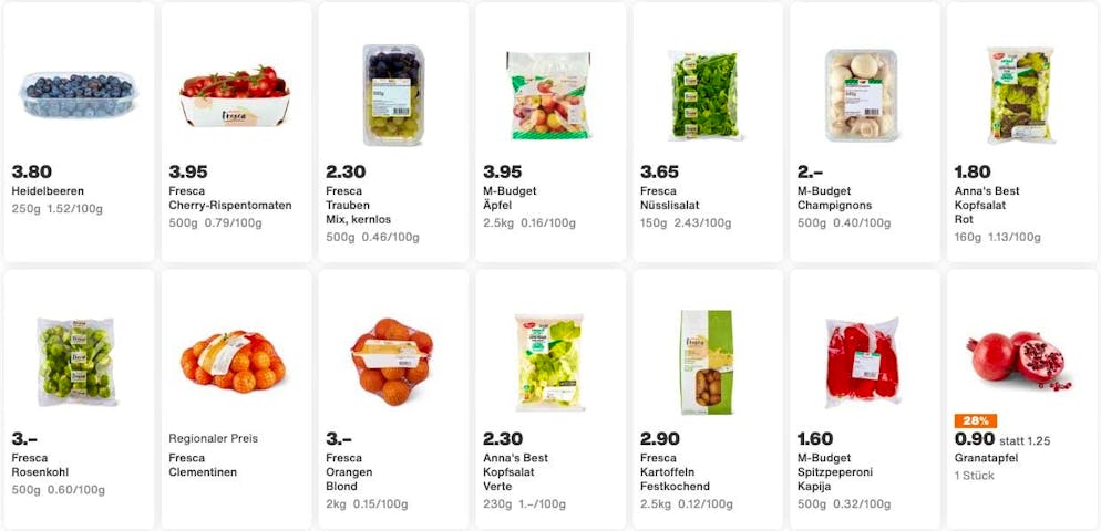 Pomegranates now cost 0.90 francs each.