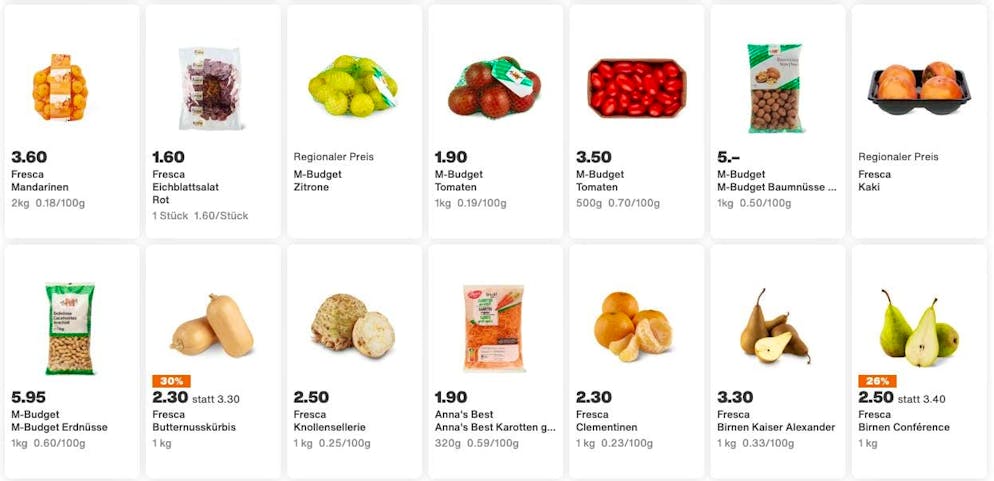 Pears now cost 3.30 francs per kilo at Migros.