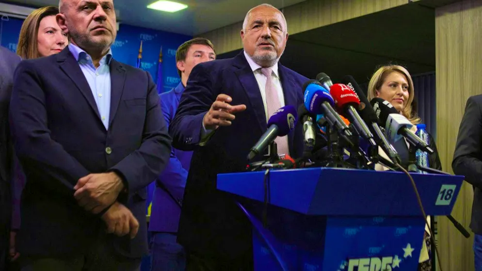 dpatopbilder - Boiko Borissov, GERB party leader and former Bulgarian prime minister, speaks during a press conference after the preliminary results show that he is the likely winner of the Bulgarian elections. Photo: Valentina Petrova/AP/dpa