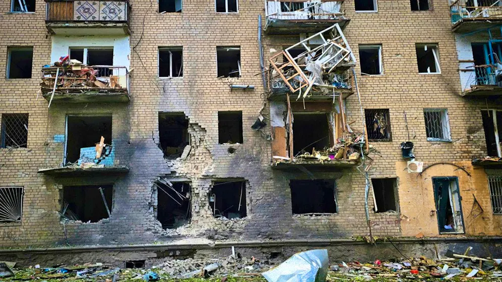 HANDOUT - A destroyed residential building can be seen at the site of a Russian army guided bomb attack. Photo: Uncredited/Kherson Regional Military Administration/AP/dpa