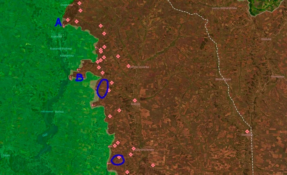 Situation near Kupyansk (A) on October 31: Areas conquered by Russians are encircled.