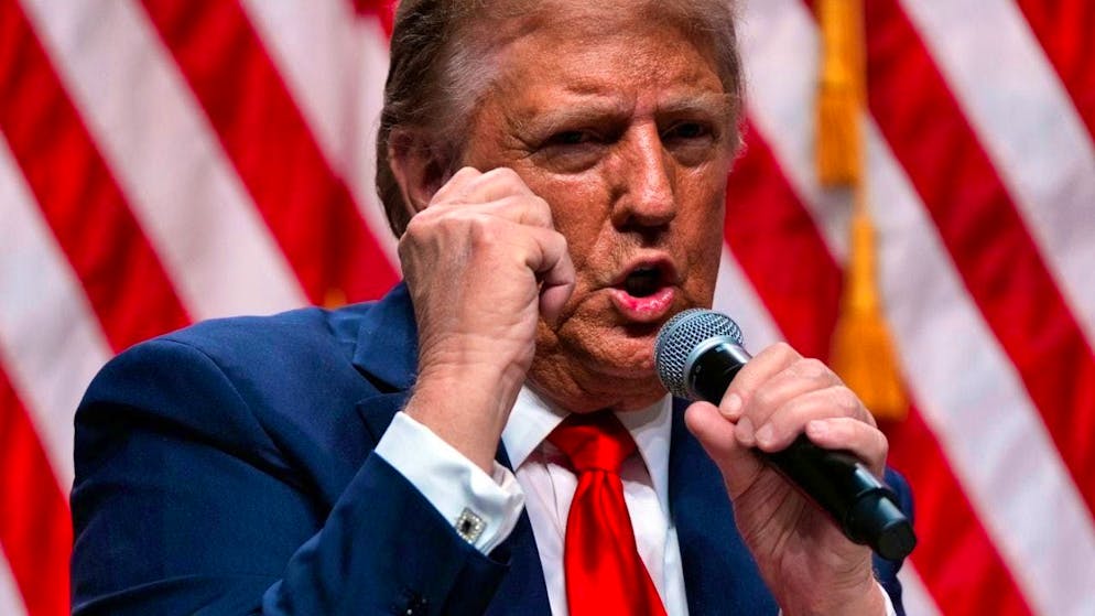 Republican presidential candidate and former US President Donald Trump speaks during a Tucker Carlson Live Tour show at Desert Diamond Arena. Photo: Julia Demaree Nikhinson/AP/dpa