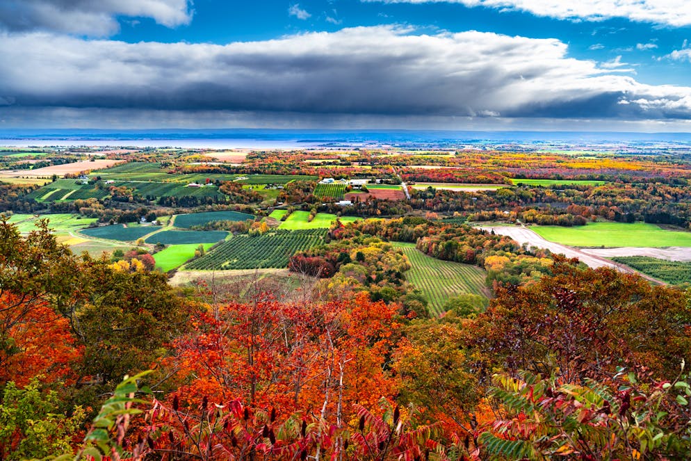 Unterwegs in der kanadischen Provinz: So schön ist Nova Scotia im Herbst. Die Aussicht auf die herbstliche Ebene ist spektakulär.