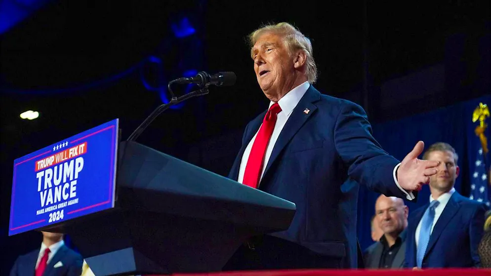 dpatopbilder - Republican presidential candidate and former President Donald Trump speaks at an election party at the Palm Beach Convention Center. Photo: Evan Vucci/AP