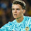 Young Boys' goalkeeper Marvin Keller reacts during the Champions League soccer match between Barcelona and Young Boys at the Lluis Companys Olympic Stadium in Barcelona, Spain, Tuesday, Oct. 1, 2024. (AP Photo/Joan Monfort)