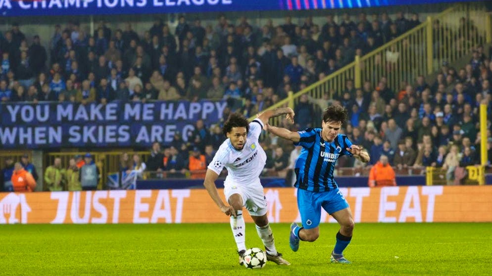 Ardon Jashari (right) prevents Aston Villa's Boubacar Kamara from going through