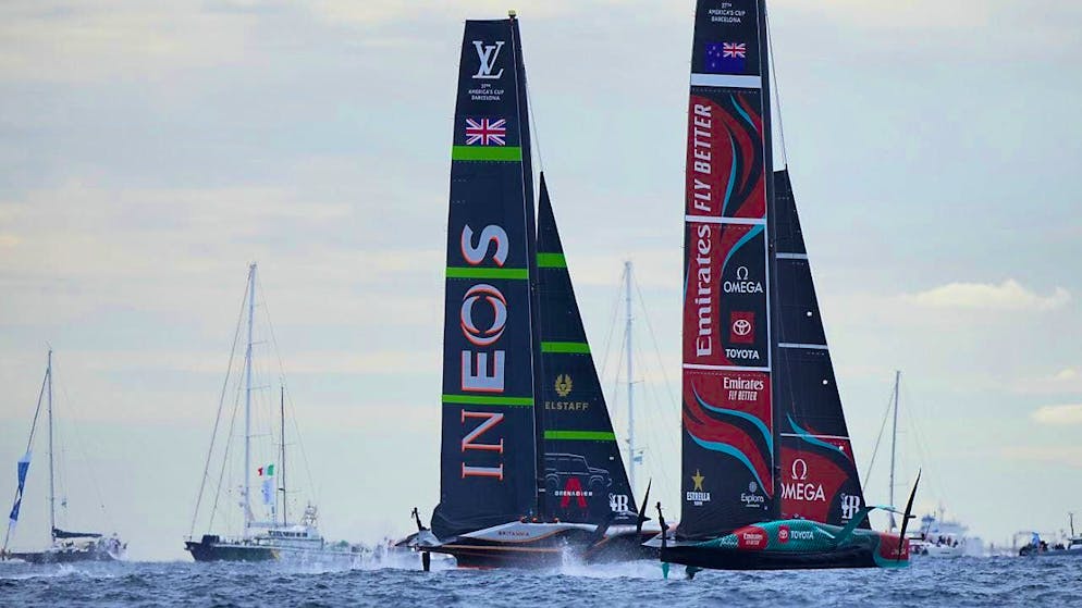 Ineos Britannia in a duel with Team New Zealand.
