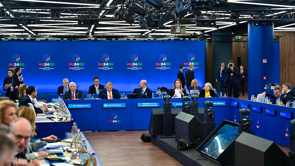 General view of the plenary session during an EU summit in the Puskas Arena. Photo: Denes Erdos/AP/dpa