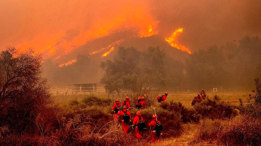 dpatopbilder - Firefighters battle the "Mountain Fire" near Swanhill Farms. Photo: Noah Berger/AP/dpa