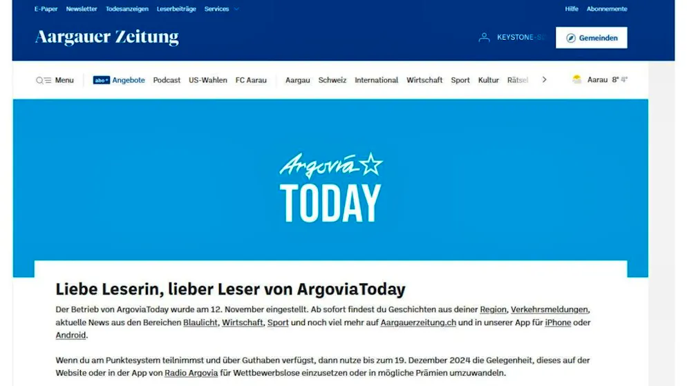 All six Today portals of the media company CH Media have been closed with immediate effect - including Argoviatoday.