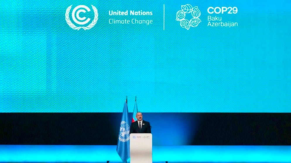 Ilham Aliyev, President of Azerbaijan, speaks at the UN Climate Summit COP29. photo: Rafiq Maqbool/AP/dpa