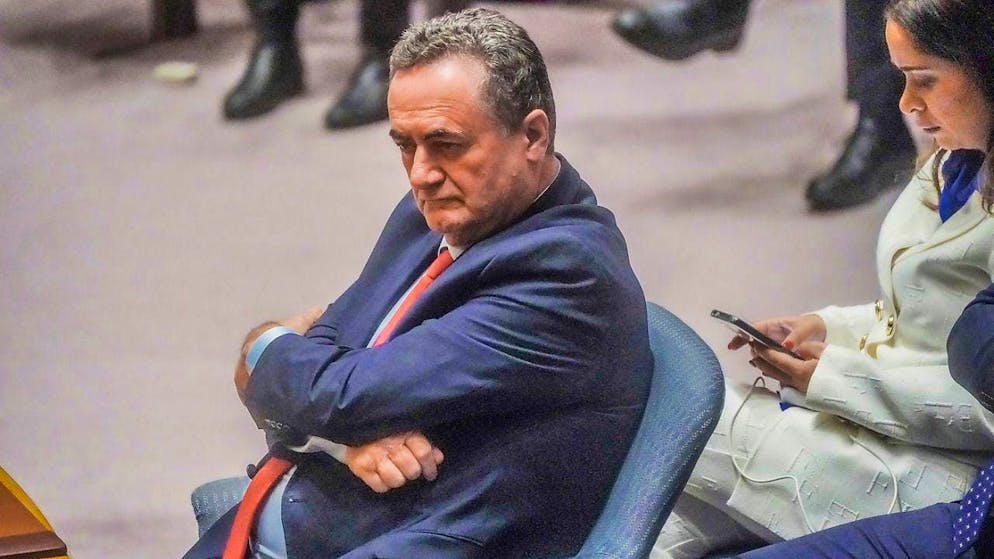ARCHIVE - Israel Katz, still Israel's foreign minister in this picture, listens during a United Nations Security Council meeting on the war in Gaza at UN headquarters in October.  (to dpa: "Israeli media: Minister speaks of attack on Iran's nuclear facilities") Photo: Bebeto Matthews/AP/dpa