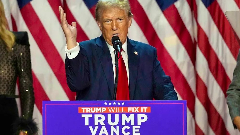 Donald Trump speaks during an election party in West Palm Beach, Florida. Photo: Lynne Sladky/AP