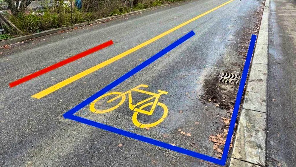 Before the parking spaces were removed, there were 16 blue zone spaces on Rieterstrasse. The blue marking shows where the parking spaces were previously located. The red marking shows the previous cycle path.