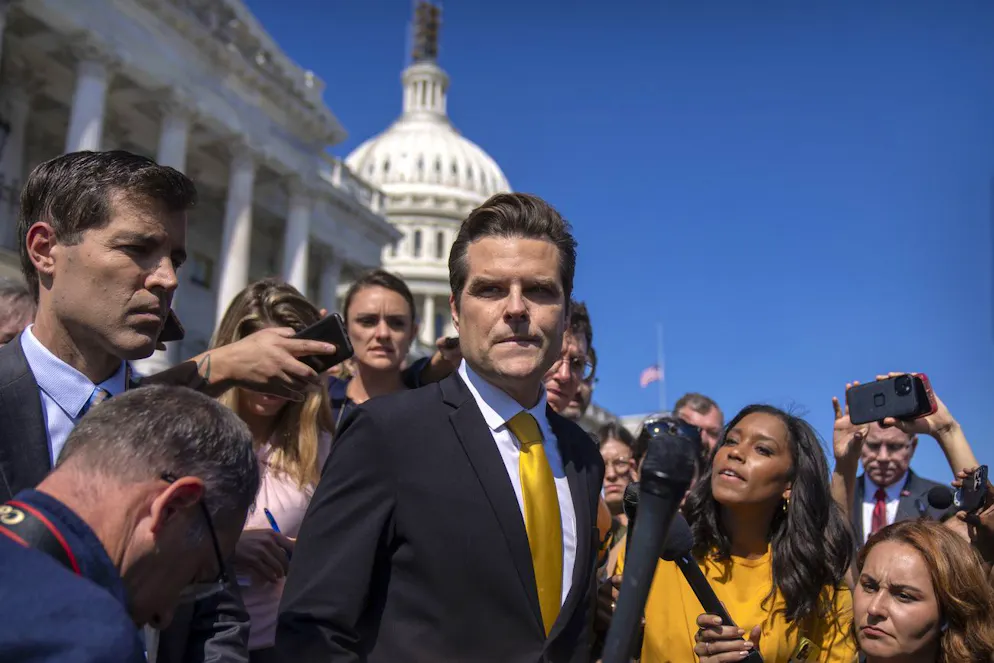 Riesen-Wirbel wegen McCarthy: Matt Gaetz am 2. Oktober 2023 vor dem Kapitol. Soll er als Minister vom Senat bestätigt werden, dürfen nicht viele der 52 Republikaner abweichen. Die Demokraten halten 48 Sitze.