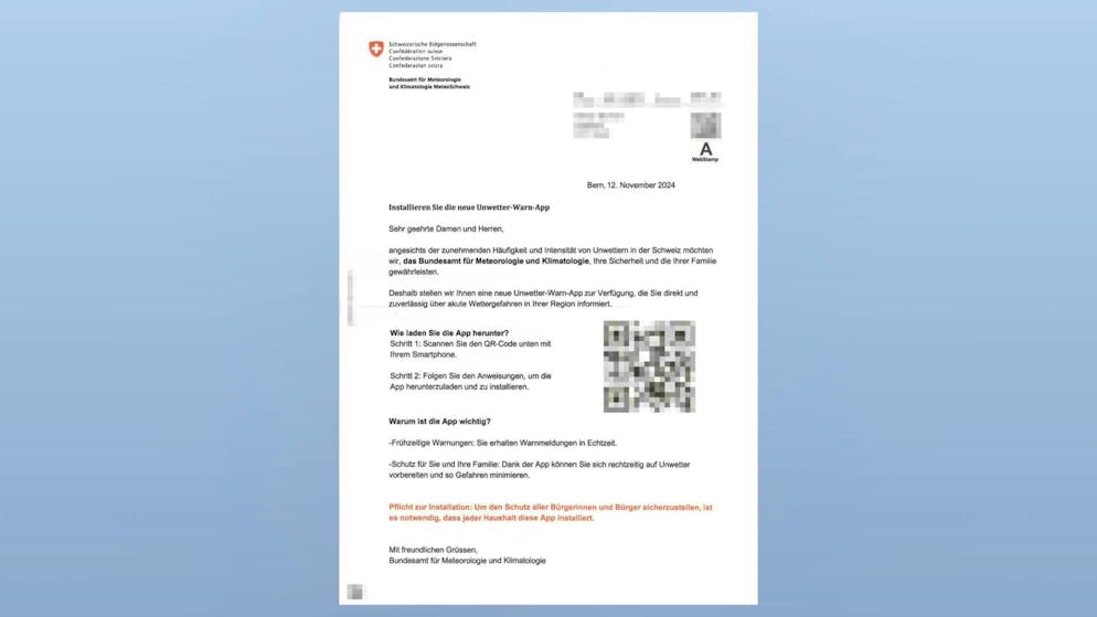 I truffatori stanno inviando lettere con MeteoSvizzera come mittente. 